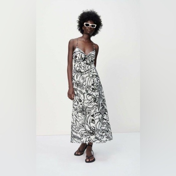 ZARA Black & White Floral Cotton Maxi Dress - Picture 14 of 15